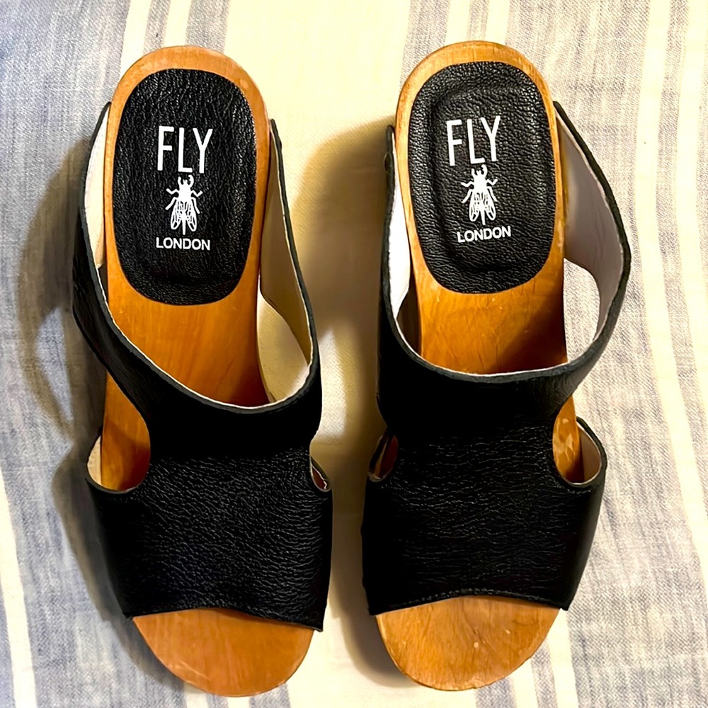 Fly London wooden open toe clogs